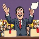 Vidám politikus kezében egy papírlappal