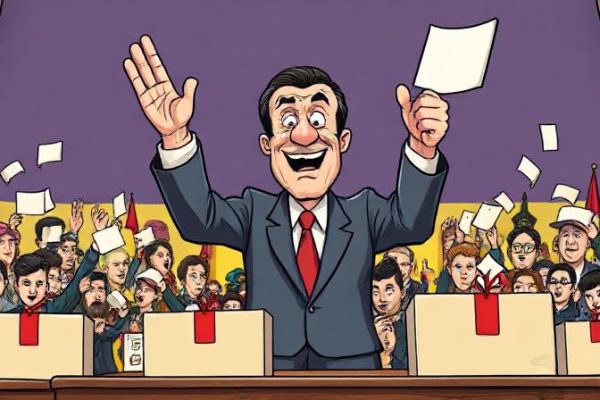 Vidám politikus kezében egy papírlappal