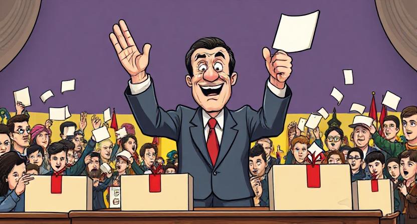 Vidám politikus kezében egy papírlappal