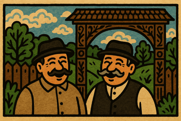 Székely emberek nevetnek egy székely kapu előtt