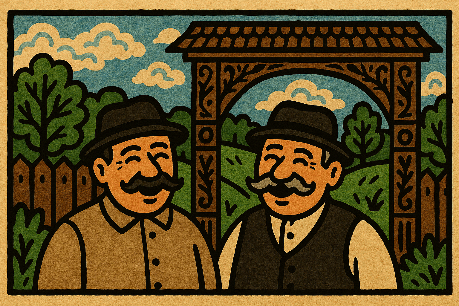 Székely emberek nevetnek egy székely kapu előtt