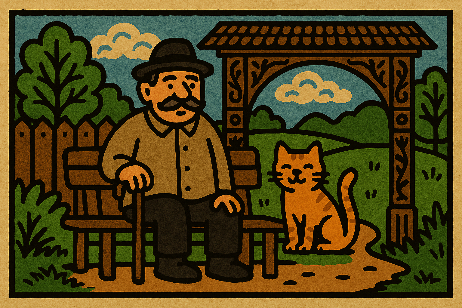 Székely bácsi macskával egy székely kapu előtt