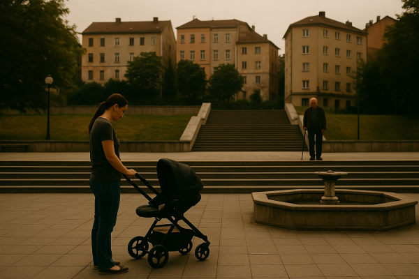 városkép, anyuka babakocsival lépcsők előtt, öreg bácsi, nem működő szökőkút