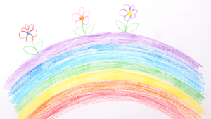 Szivárvány, virágok, gyerekrajz
