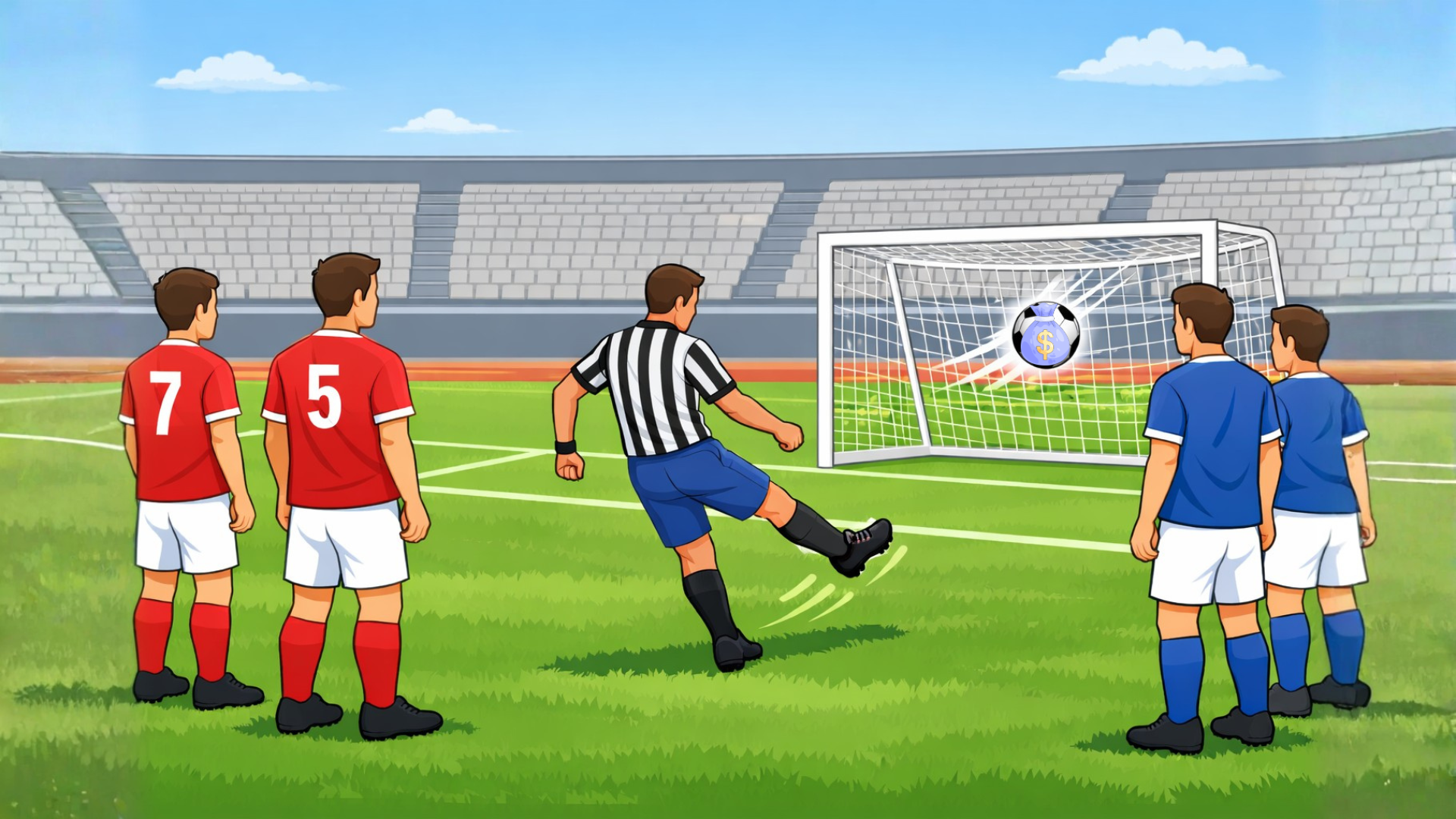 Bíró fekete-fehér csíkos mezben és kék nadrágban lő egy focilabdát, amin dollárjel van, az üres kapuba. A pályán két csapat áll passzívan: az egyik piros, a másik kék mezben. A kép a „bíró gólja” metaforát szemlélteti a piac és az állami monopóliumok kontextusában.